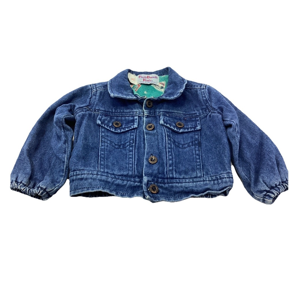 Vtg 90s Park Bench Kids Denim Jean Jacket Flannel Lined Park Signs 12 Months